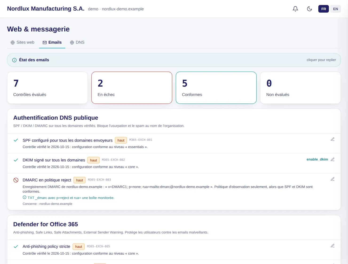 Console LuxGap SOC : état de la messagerie, SPF, DKIM, DMARC et Defender pour Office 365