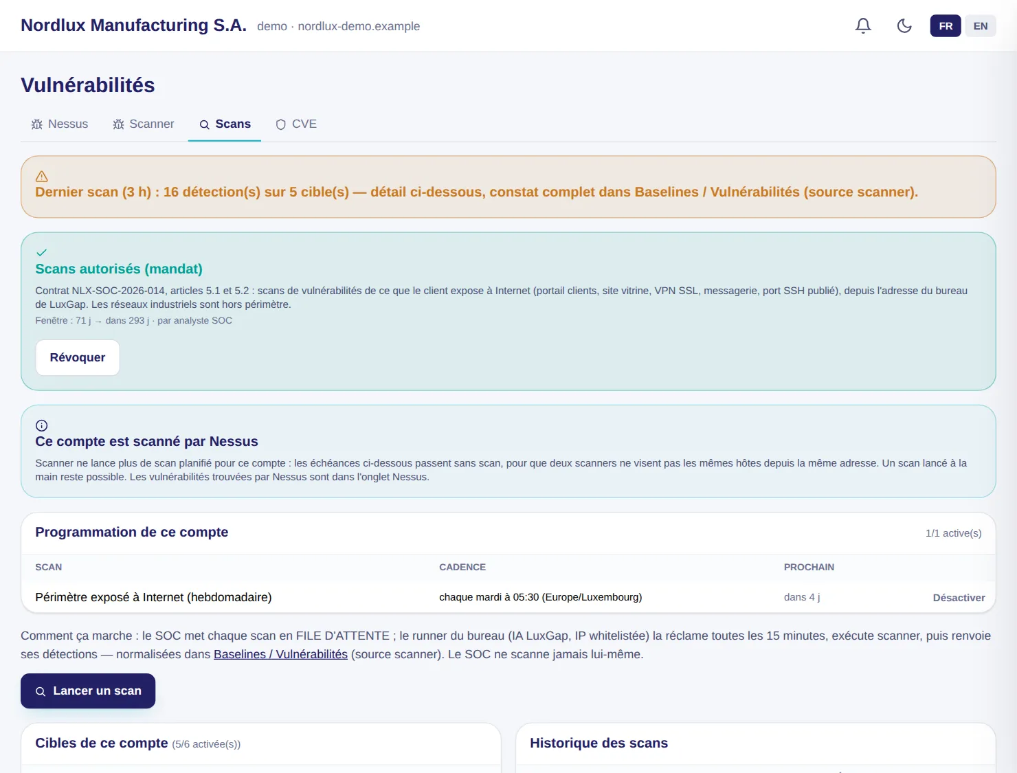 Console LuxGap SOC : scans autorisés par mandat, programmation et historique
