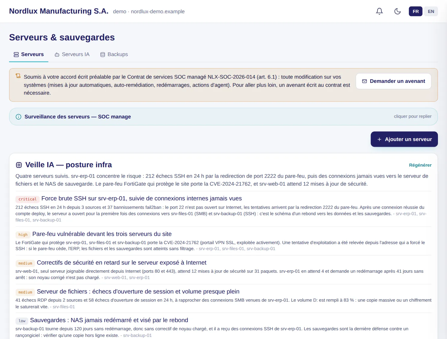 Console LuxGap SOC : veille IA de l'infrastructure et serveurs supervisés
